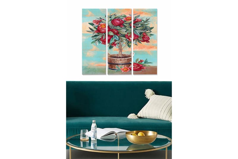 Puinen canvastaulu, 3-osainen, 50x70 cm - Värikäs granaattiomenakimppu korissa, Punainen / Vihreä / Sininen