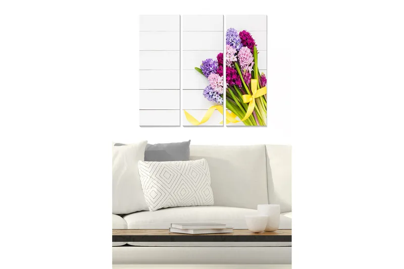 Puinen canvastaulu, 3-osainen, 50x70 cm - Värikäs hyasinttikimppu keltaisella nauhalla, Violetti / Vaaleanpunainen / Vihreä