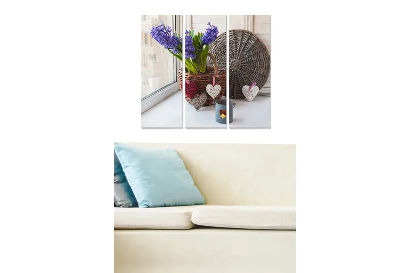 Puinen canvastaulu, 3-osainen, 50x70 cm - Värikäs hyasinttikimppu korissa ikkunan vieressä, Violetti / Vihreä / Ruskea