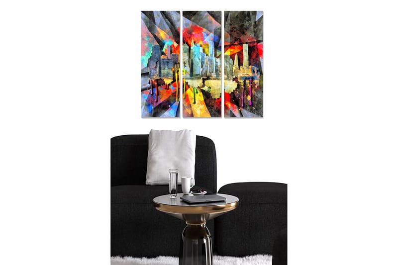 Puinen canvastaulu, 3-osainen, 50x70 cm - Värikäs kaupunkikuva abstrakteilla muodoilla ja rakennusten silueteilla, Punainen / Sininen / Keltainen