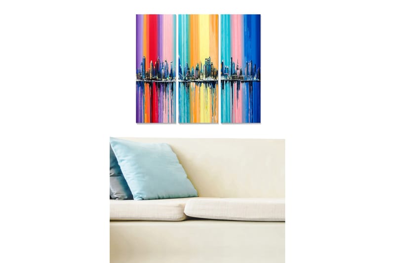 Puinen canvastaulu, 3-osainen, 50x70 cm - Värikäs kaupunkikuva horisonttiviivalla ja pystysuorilla värinauhoilla, Sininen / Vaaleanpunainen / Oranssi