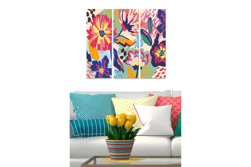 Puinen canvastaulu, 3-osainen, 50x70 cm - Värikäs kukka-asetelma, jossa on suuria kukkia ja lehtiä, Vaaleanpunainen / Sininen / Keltainen