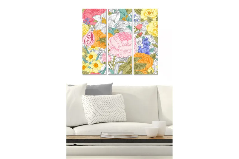 Puinen canvastaulu, 3-osainen, 50x70 cm - Värikäs kukka-asetelma erilaisilla kukilla ja lehdillä, Vaaleanpunainen / Keltainen / Oranssi