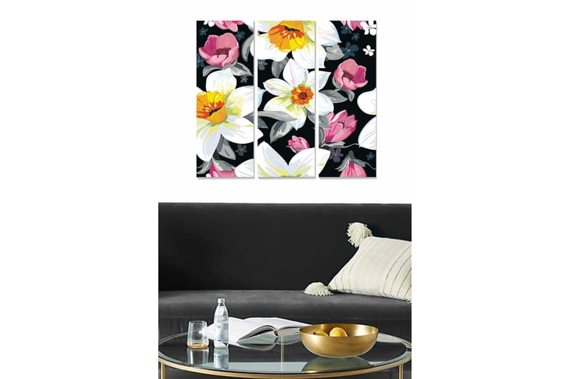Puinen canvastaulu, 3-osainen, 50x70 cm - Värikäs kukka-asetelma valkoisilla ja vaaleanpunaisilla kukilla, Valkoinen / Vaaleanpunainen / Keltainen