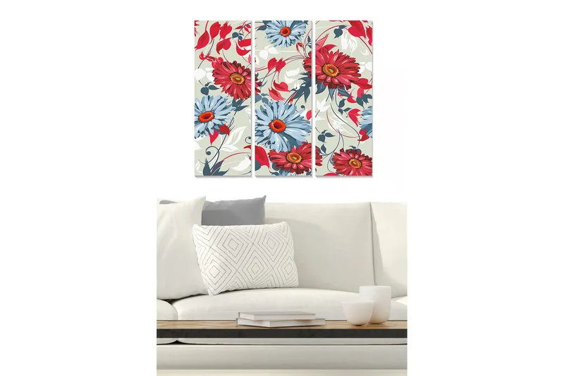 Puinen canvastaulu, 3-osainen, 50x70 cm - Värikäs kukka-asetelma punaisilla ja sinisillä kukilla, Punainen / Sininen / Vihreä