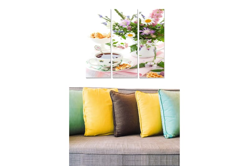 Puinen canvastaulu, 3-osainen, 50x70 cm - Värikäs kukkakimppu, teekuppi ja vohveleita, Violetti / Vaaleanpunainen / Vihreä