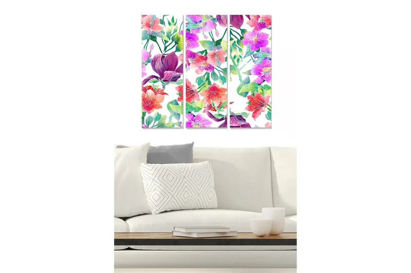 Puinen canvastaulu, 3-osainen, 50x70 cm - Värikäs kukkakimppu eri sävyissä, Violetti / Vaaleanpunainen / Punainen