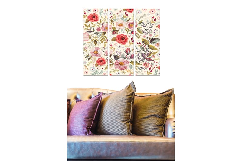 Puinen canvastaulu, 3-osainen, 50x70 cm - Värikäs kukkakimppu erilaisilla kasviaiheilla, Punainen / Vihreä / Vaaleanpunainen