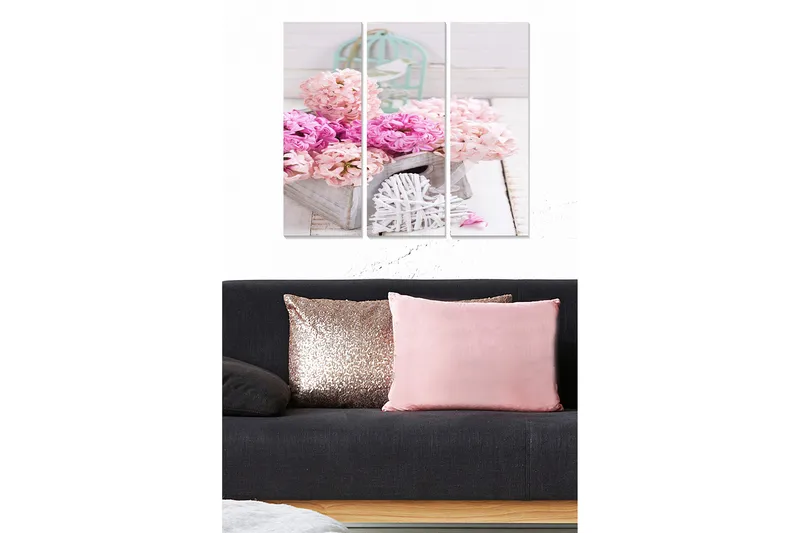 Puinen canvastaulu, 3-osainen, 50x70 cm - Värikäs kukkakimppu korissa, Vaaleanpunainen / Vaaleanpunainen / Harmaa