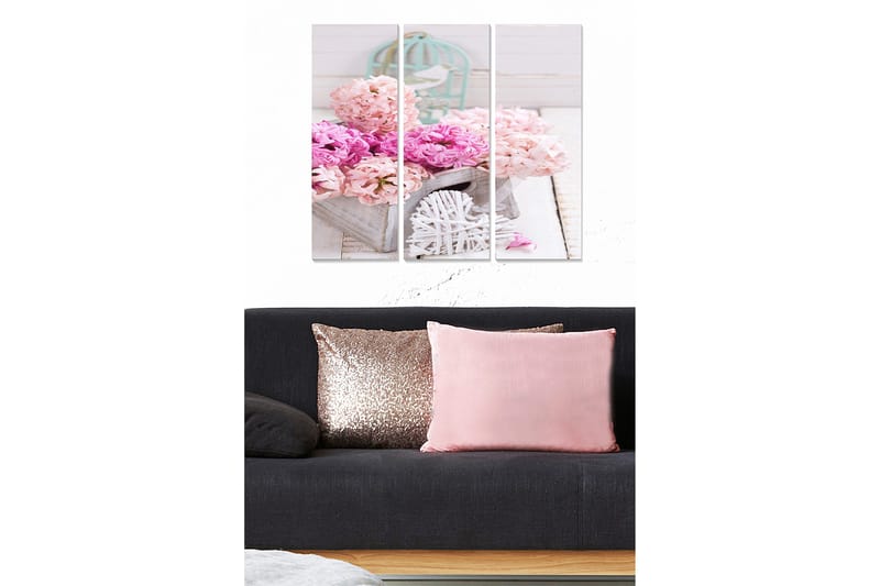 Puinen canvastaulu, 3-osainen, 50x70 cm - Värikäs kukkakimppu korissa, Vaaleanpunainen / Vaaleanpunainen / Harmaa