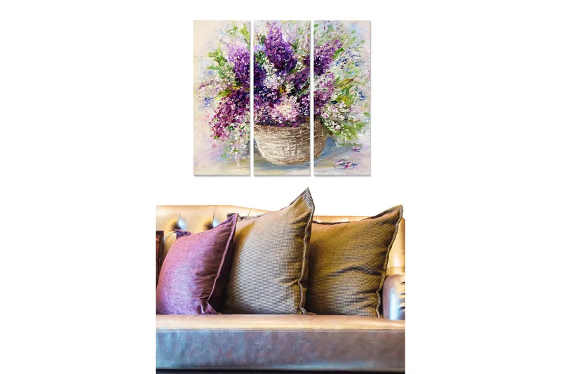 Puinen canvastaulu, 3-osainen, 50x70 cm - Värikäs kukkakimppu korissa, Violetti / Vihreä / Valkoinen