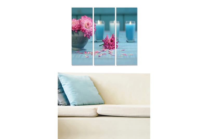 Puinen canvastaulu, 3-osainen, 50x70 cm - Värikäs kukkakimppu kulhossa kynttilöiden kanssa taustalla, Vaaleanpunainen / Sininen / Vihreä