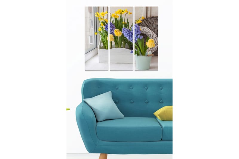 Puinen canvastaulu, 3-osainen, 50x70 cm - Värikäs kukkakimppu ruukuissa, Keltainen / Violetti / Vihreä