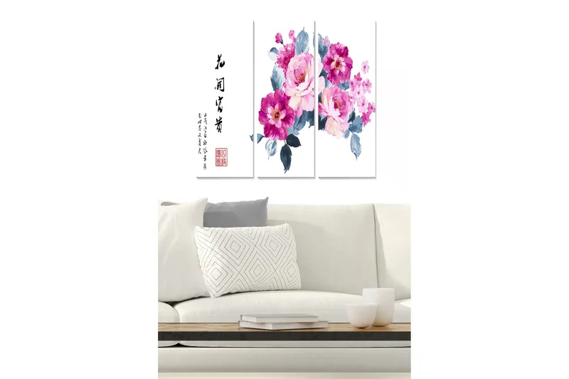 Puinen canvastaulu, 3-osainen, 50x70 cm - Värikäs kukkakimppu vaaleanpunaisissa ja violeteissa sävyissä, Vaaleanpunainen / Violetti / Harmaa