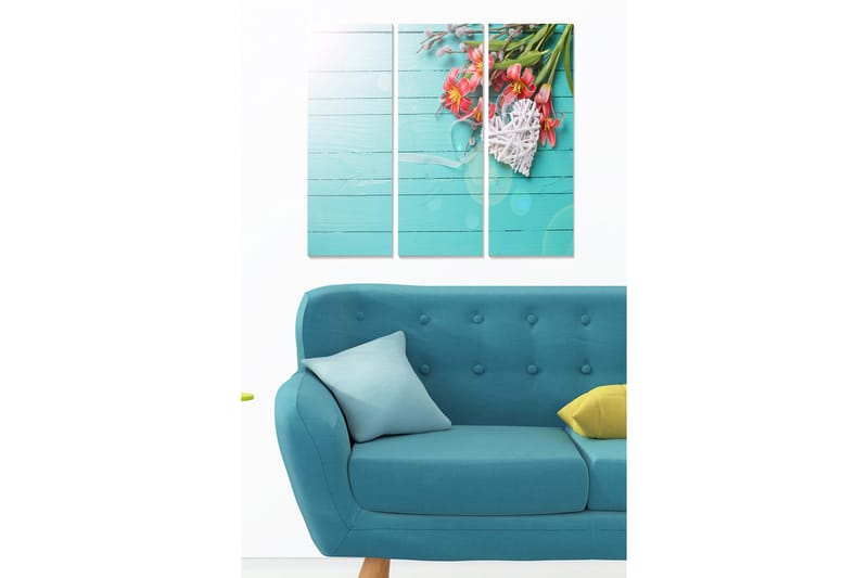 Puinen canvastaulu, 3-osainen, 50x70 cm - Värikäs kukkakimppu vaaleansinisellä pohjalla - Vaaleansininen / Vaaleanpunainen / Vihreä - Sisustustuotteet - Taulu & taide - Canvas-taulu