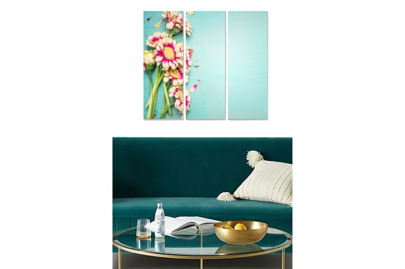 Puinen canvastaulu, 3-osainen, 50x70 cm - Värikäs kukkakimppu vaaleansinisellä pohjalla, Vaaleanpunainen / Vihreä / Vaaleansininen