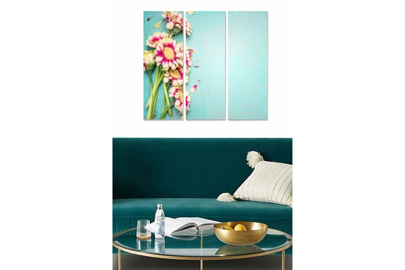 Puinen canvastaulu, 3-osainen, 50x70 cm - Värikäs kukkakimppu vaaleansinisellä pohjalla, Vaaleanpunainen / Vihreä / Vaaleansininen