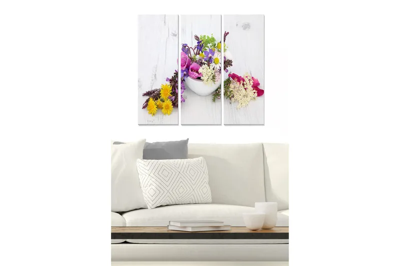 Puinen canvastaulu, 3-osainen, 50x70 cm - Värikäs kukkakimppu valkoisessa kulhossa - Keltainen / Violetti / Vaaleanpunainen - Sisustustuotteet - Taulu & taide - Canvas-taulu