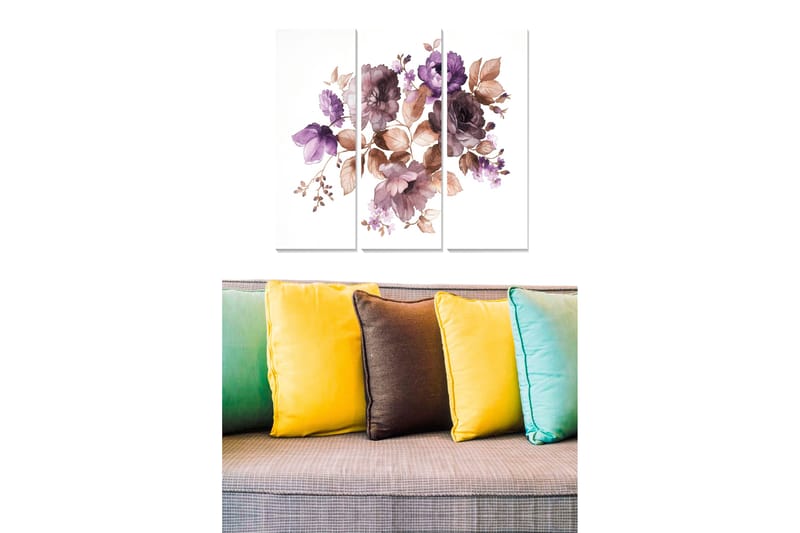 Puinen canvastaulu, 3-osainen, 50x70 cm - Värikäs kukkakimppu violetin ja ruskean sävyissä, Violetti / Ruskea