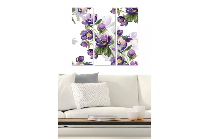 Puinen canvastaulu, 3-osainen, 50x70 cm - Värikäs kukkakimppu violetin ja vihreän sävyissä, Violetti / Vihreä