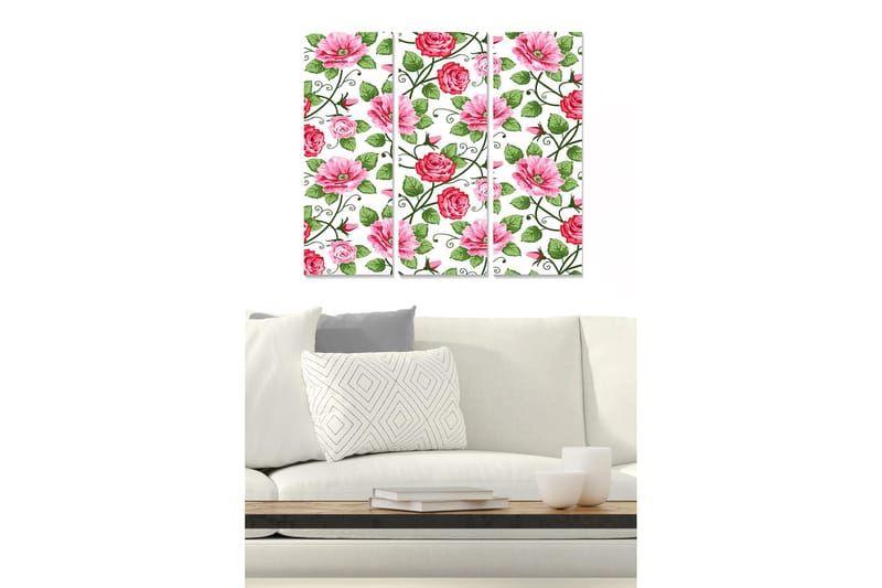 Puinen canvastaulu, 3-osainen, 50x70 cm - Värikäs kukkasommitelma ruusuilla ja päivänkakkaroilla, Vaaleanpunainen / Vihreä