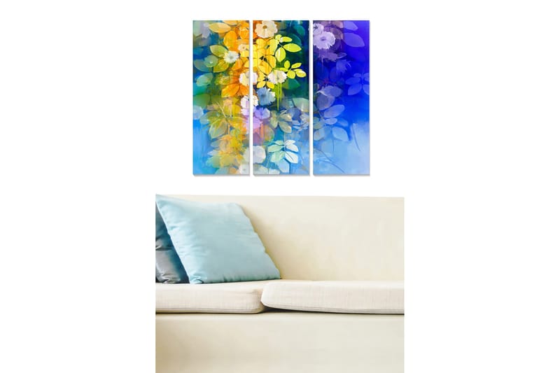 Puinen canvastaulu, 3-osainen, 50x70 cm - Värikäs kukkien ja lehtien harmoninen sommitelma, Sininen / Keltainen / Vihreä