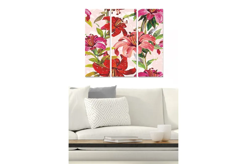 Puinen canvastaulu, 3-osainen, 50x70 cm - Värikäs liljojen kimppu - Vaaleanpunainen / Punainen / Vihreä - Sisustustuotteet - Taulu & taide - Canvas-taulu