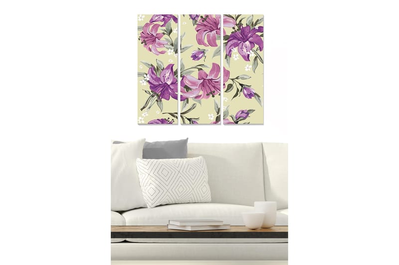 Puinen canvastaulu, 3-osainen, 50x70 cm - Värikäs liljojen sommittelu eri sävyissä - Violetti / Vihreä / Beige - Sisustustuotteet - Taulu & taide - Canvas-taulu