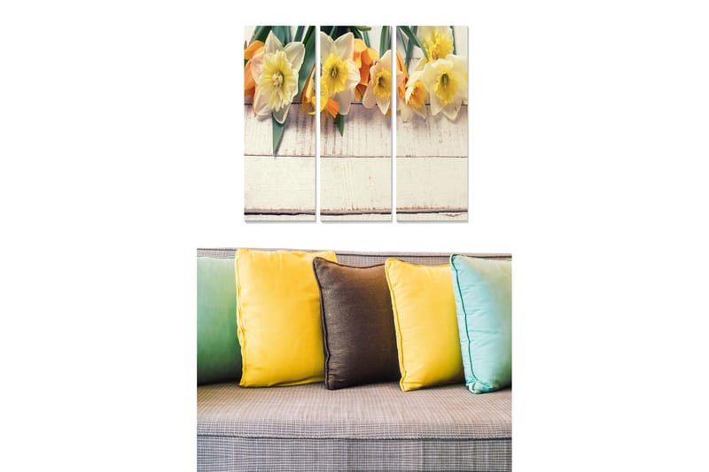 Puinen canvastaulu, 3-osainen, 50x70 cm - Värikäs narsissien ja tulppaanien kimppu, Keltainen / Oranssi / Vihreä