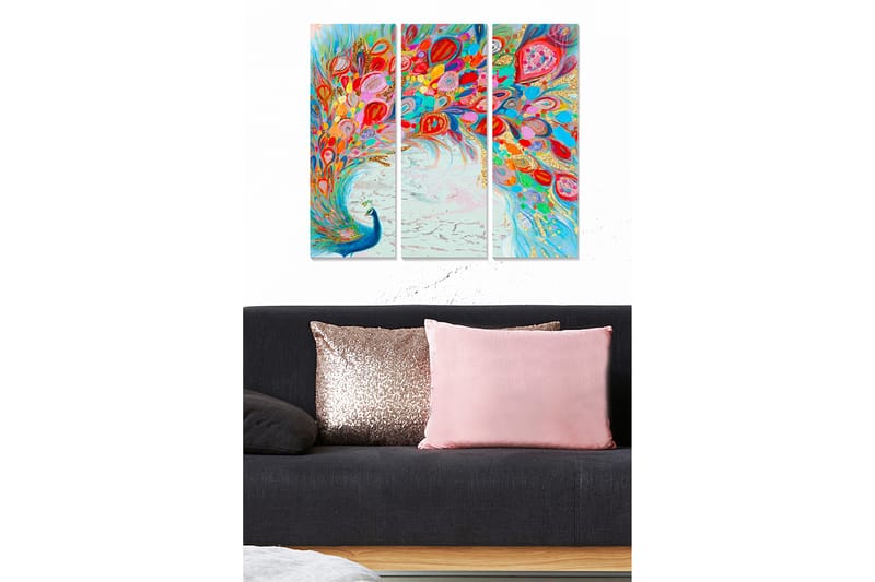 Puinen canvastaulu, 3-osainen, 50x70 cm - Värikäs riikinkukon höyhenpeite leviää dynaamisessa sommitelmassa, Sininen / Punainen / Vaaleanpunainen