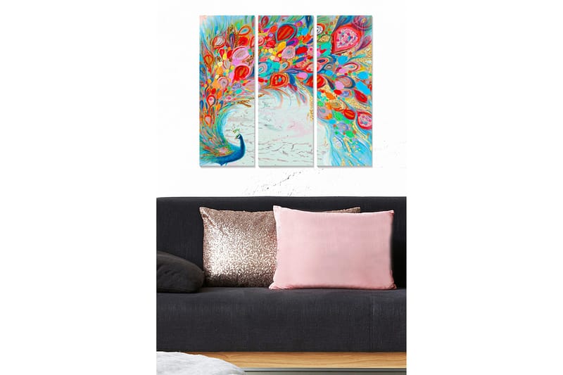 Puinen canvastaulu, 3-osainen, 50x70 cm - Värikäs riikinkukon höyhenpeite leviää dynaamisessa sommitelmassa, Sininen / Punainen / Vaaleanpunainen