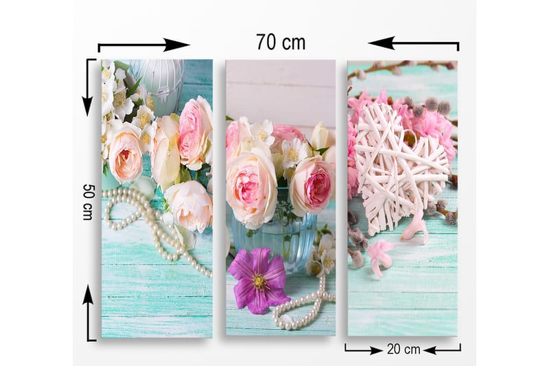 Puinen canvastaulu, 3-osainen, 50x70 cm - Värikäs ruusu- ja kukkakimppu lasimaljakossa - Vaaleanpunainen / Vihreä / Valkoinen - Sisustustuotteet - Taulu & taide - Canvas-taulu