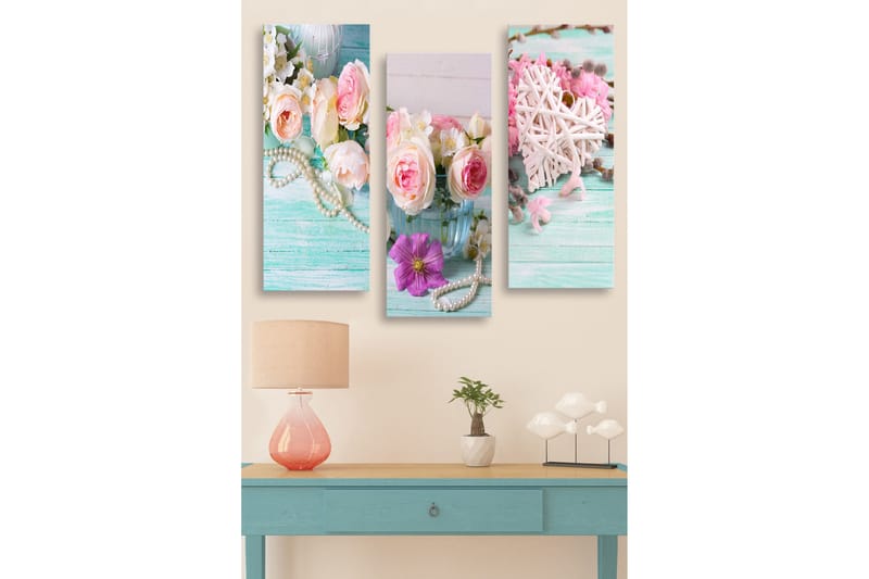Puinen canvastaulu, 3-osainen, 50x70 cm - Värikäs ruusu- ja kukkakimppu lasimaljakossa, Vaaleanpunainen / Vihreä / Valkoinen
