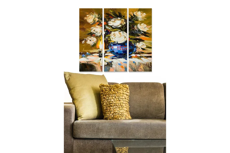Puinen canvastaulu, 3-osainen, 50x70 cm - Värikäs ruusukimppu sinisessä maljakossa, Valkoinen / Sininen / Kulta