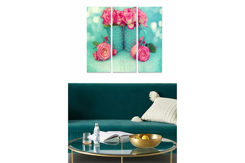 Puinen canvastaulu, 3-osainen, 50x70 cm - Värikäs ruusukimppu sinisessä ruukussa, Vaaleanpunainen / Turkoosi / Vihreä