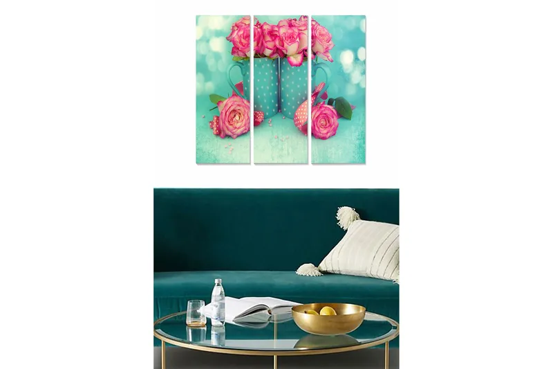 Puinen canvastaulu, 3-osainen, 50x70 cm - Värikäs ruusukimppu sinisessä ruukussa, Vaaleanpunainen / Turkoosi / Vihreä