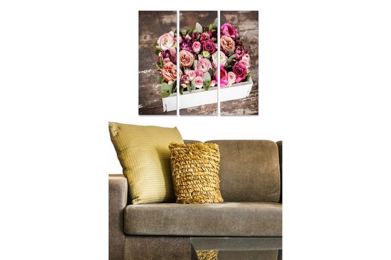 Puinen canvastaulu, 3-osainen, 50x70 cm - Värikäs ruusukimppu valkoisessa rasiassa, Vaaleanpunainen / Vihreä / Beige