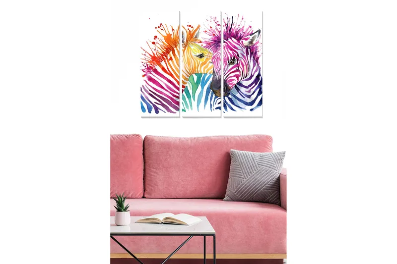 Puinen canvastaulu, 3-osainen, 50x70 cm - Värikäs seeprojen sommittelu abstrakteilla kuvioilla, Violetti / Oranssi / Vihreä