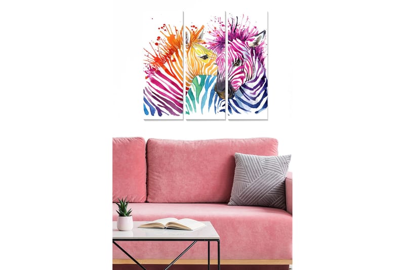 Puinen canvastaulu, 3-osainen, 50x70 cm - Värikäs seeprojen sommittelu abstrakteilla kuvioilla, Violetti / Oranssi / Vihreä