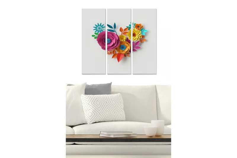 Puinen canvastaulu, 3-osainen, 50x70 cm - Värikäs sydämen muotoinen paperikukkakimppu, Vaaleanpunainen / Oranssi / Sininen