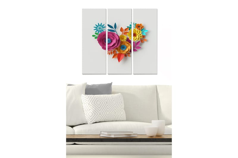 Puinen canvastaulu, 3-osainen, 50x70 cm - Värikäs sydämen muotoinen paperikukkakimppu, Vaaleanpunainen / Oranssi / Sininen