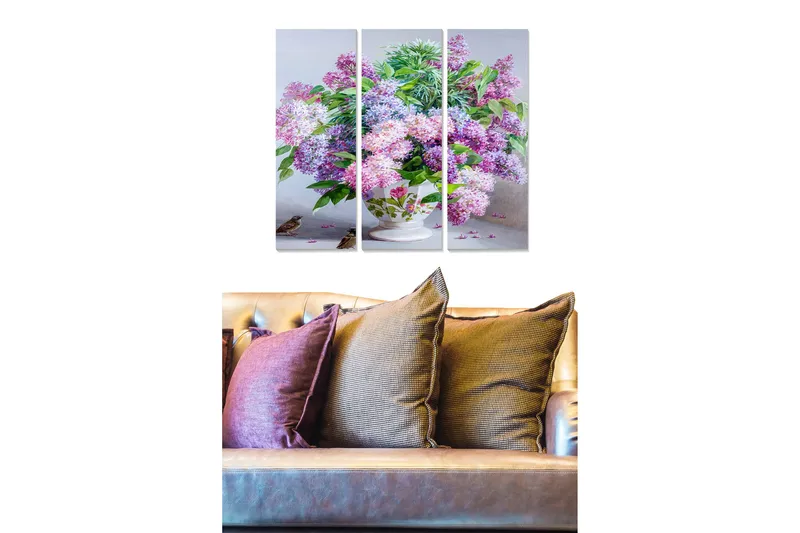 Puinen canvastaulu, 3-osainen, 50x70 cm - Värikäs syreenien kukkien kimppu kauniissa maljakossa, Violetti / Vihreä / Valkoinen