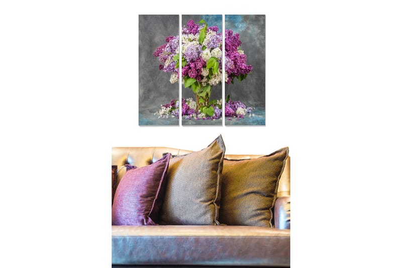 Puinen canvastaulu, 3-osainen, 50x70 cm - Värikäs syreenien kukkien kimppu, Violetti / Valkoinen / Vihreä
