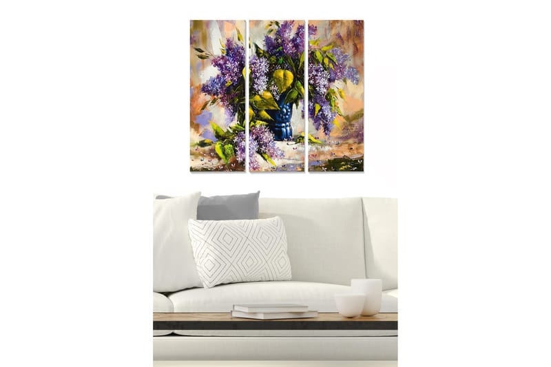 Puinen canvastaulu, 3-osainen, 50x70 cm - Värikäs syreenikimppu sinisessä maljakossa, Violetti / Vihreä / Sininen