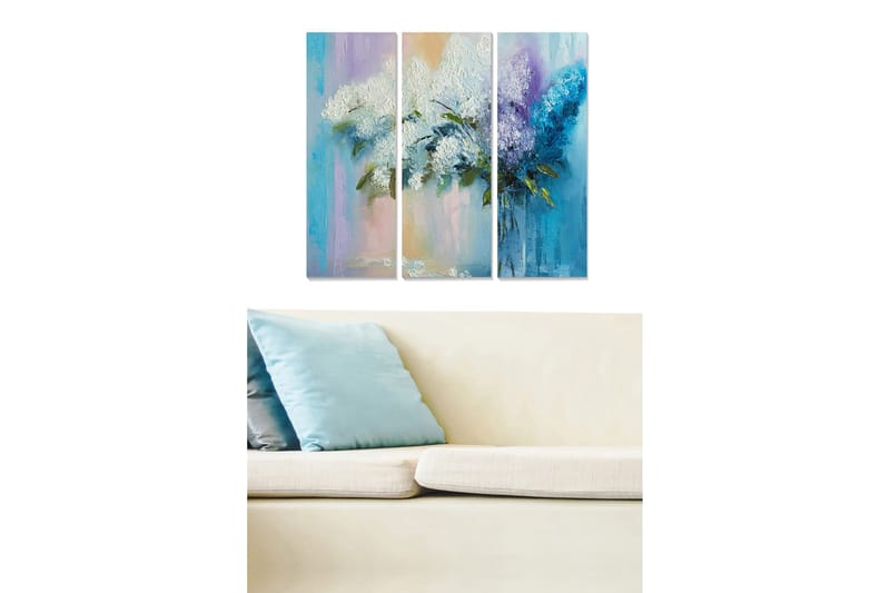 Puinen canvastaulu, 3-osainen, 50x70 cm - Värikäs syreenikimppu, Valkoinen / Violetti / Sininen
