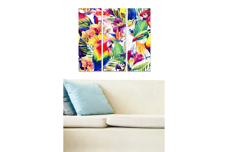 Puinen canvastaulu, 3-osainen, 50x70 cm - Värikäs trooppinen kasvisto ja linnut, Vihreä / Punainen / Keltainen