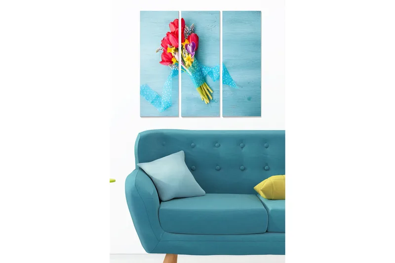 Puinen canvastaulu, 3-osainen, 50x70 cm - Värikäs tulppaani- ja kukkakimppu sinisellä nauhalla, Sininen / Vaaleanpunainen / Keltainen