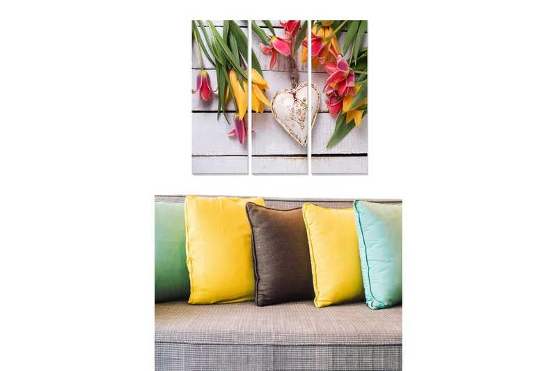 Puinen canvastaulu, 3-osainen, 50x70 cm - Värikäs tulppaanikimppu, jonka keskellä on sydän - Vaaleanpunainen / Keltainen / Vihreä - Sisustustuotteet - Taulu & taide - Canvas-taulu