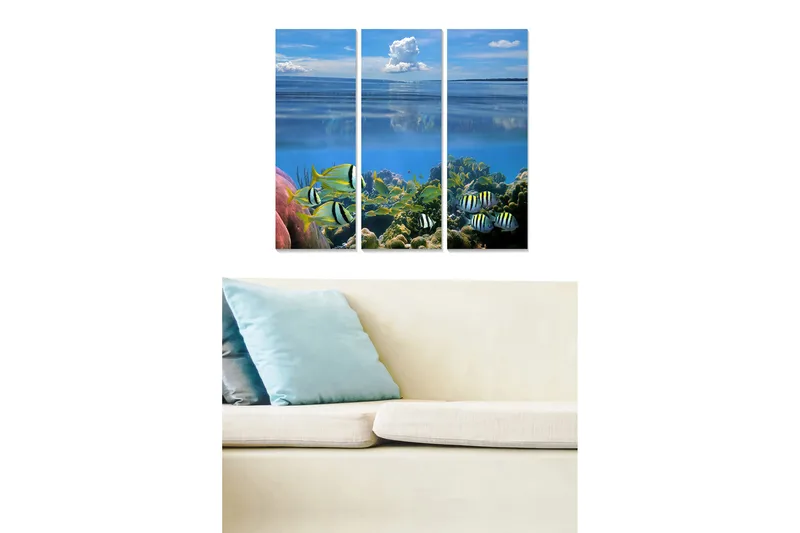 Puinen canvastaulu, 3-osainen, 50x70 cm - Värikäs vedenalainen maisema trooppisilla kaloilla ja koralleilla, Sininen / Vihreä / Vaaleanpunainen