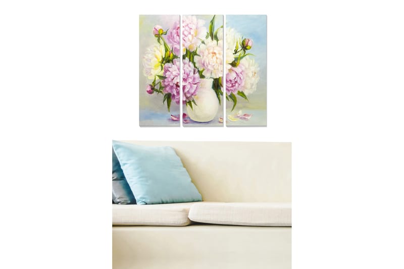 Puinen canvastaulu, 3-osainen, 50x70 cm - Värikäs pionikimppu maljakossa, Vaaleanpunainen / Valkoinen / Vihreä